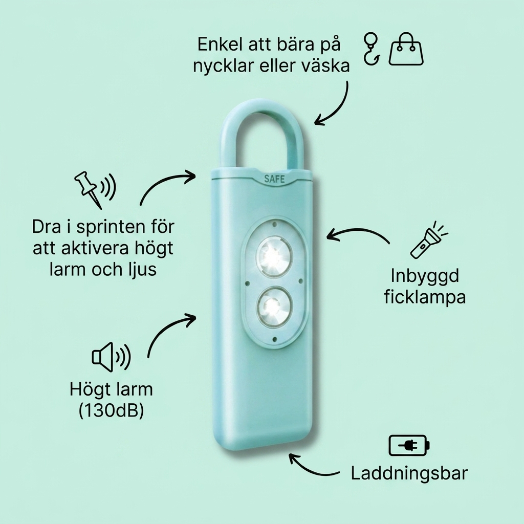 Skyddsängeln personlarm med funktioner: 130 dB larm, ficklampa, laddningsbar